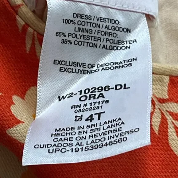 Bonnie Jean Girls Floral Dress Long Sleeve Size 4T Orange Embroidered Beach Tie - Picture 3 of 6